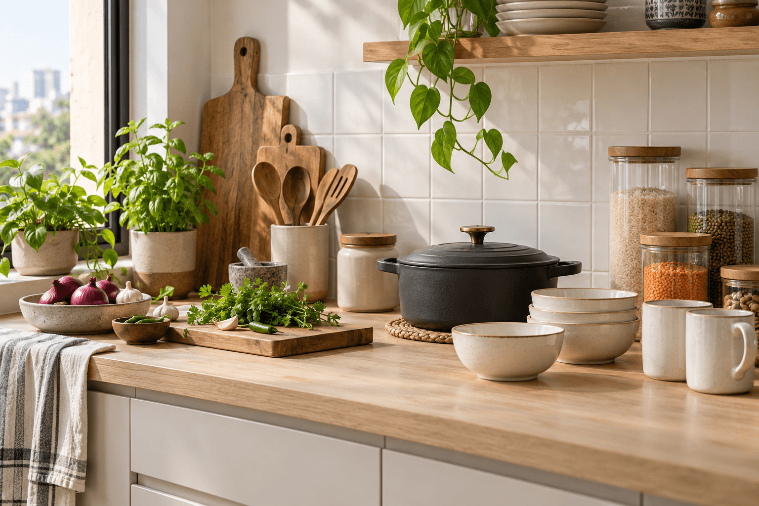 A sunlit kitchen with ceramic dishes, pantry jars and everyday cooking essentials